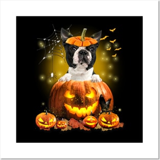 Black Boston Terrier Spooky Halloween Pumpkin Dog Head Posters and Art